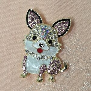 Sparkly Rhinestone Dog Brooch Chihuahua Corgi Gold Tone Enamel Pin
